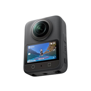 Black compact action camera with front-facing LCD screen displaying video footage and wide-angle lens mounted on top